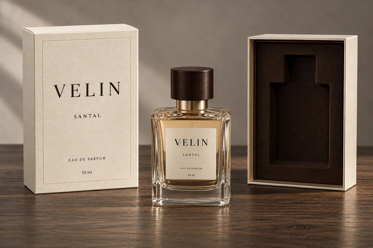 A cream Velin Santal gift box, the matching bottle and an open box with a dark brown insert shaped to the bottle, on a dark wood table.
