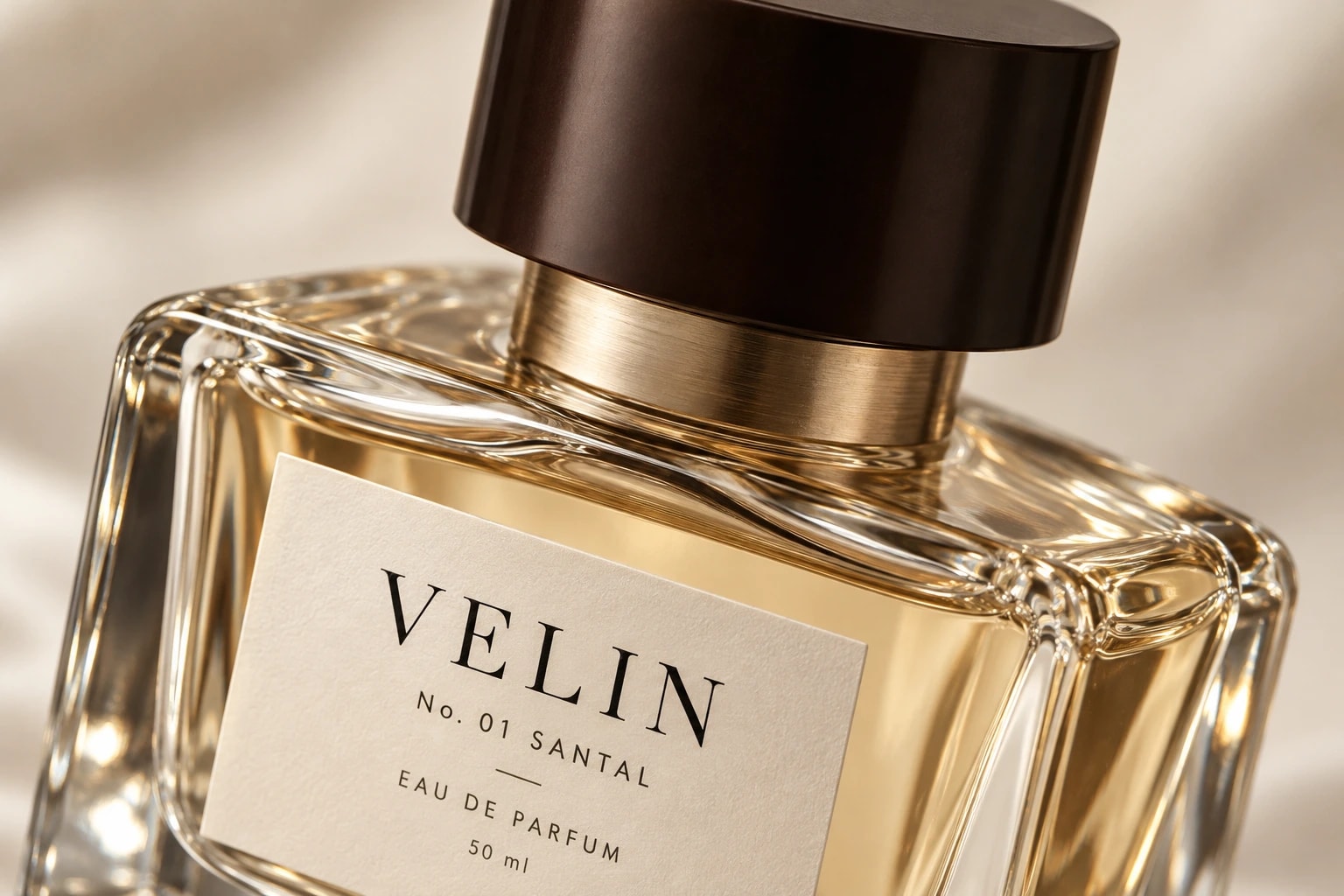 A close, angled view of the Velin cream label, “No. 01 SANTAL” over a thin rule, below a brushed gold collar and a dark wood cap.