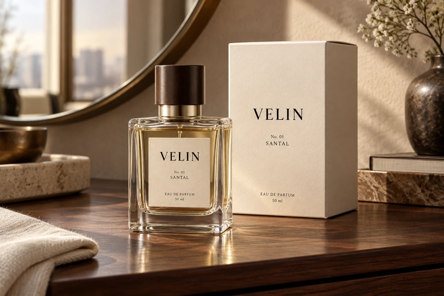 A Velin No. 01 Santal bottle and its cream box on a dark wood vanity, with a round mirror, a stone tray and a vase of small white flowers.