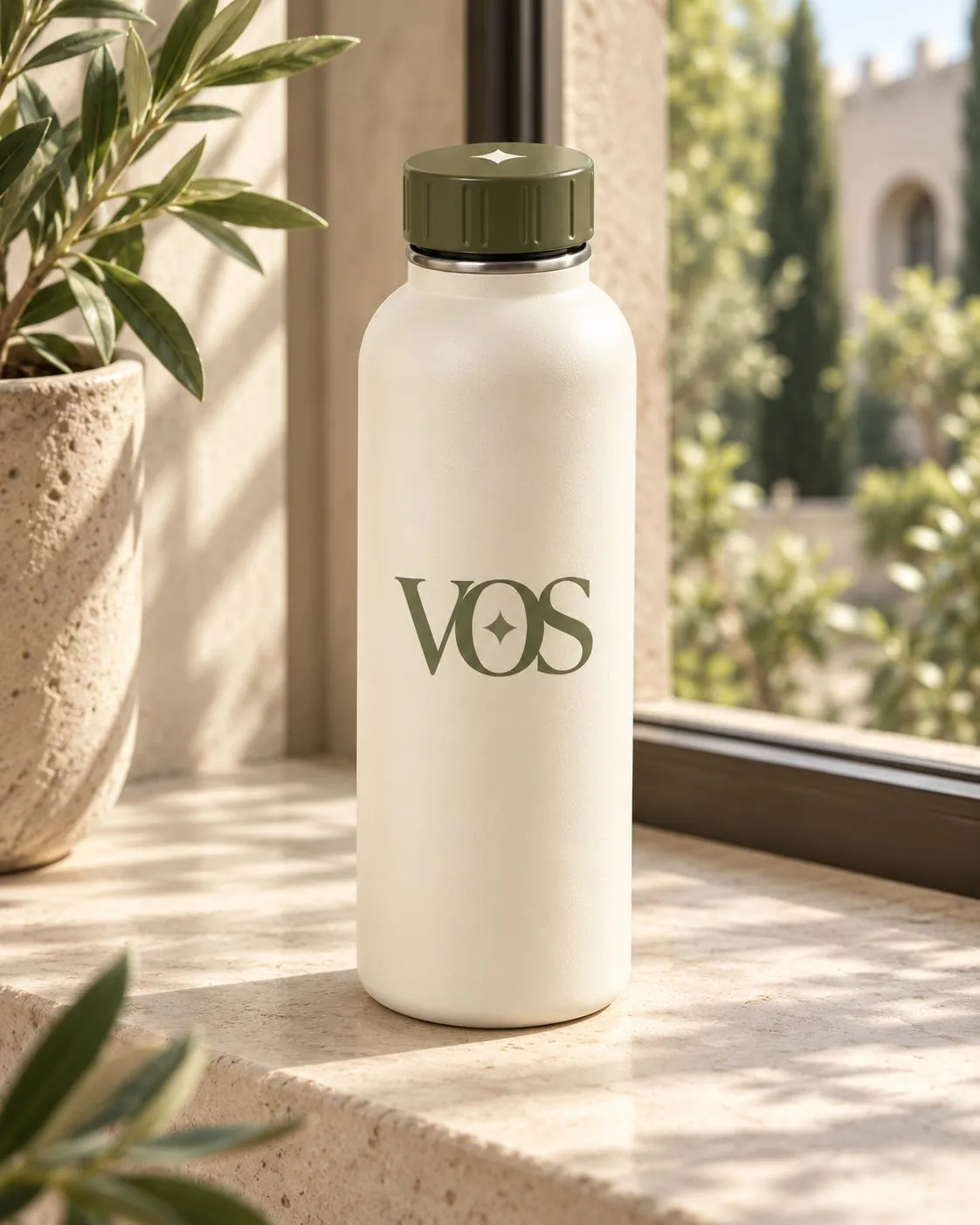 Cream Volume One Studio water bottle with the olive VOS monogram and an olive cap, on a sunny windowsill.