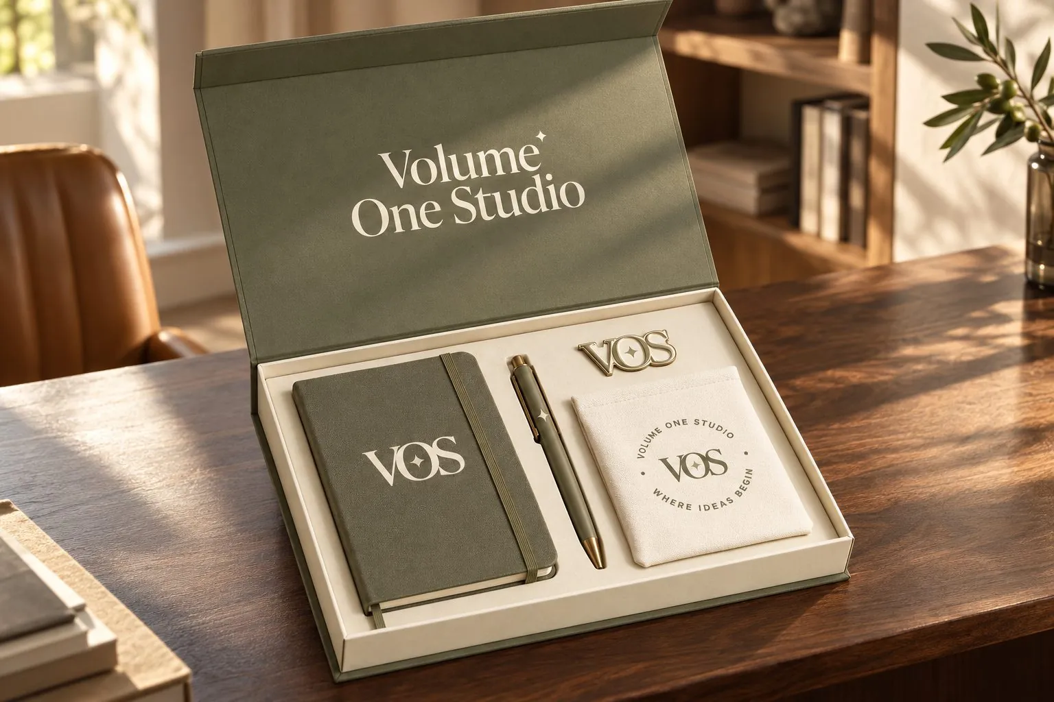 Open olive Volume One Studio gift box holding a VOS notebook, a pen, a pin and a sticker.