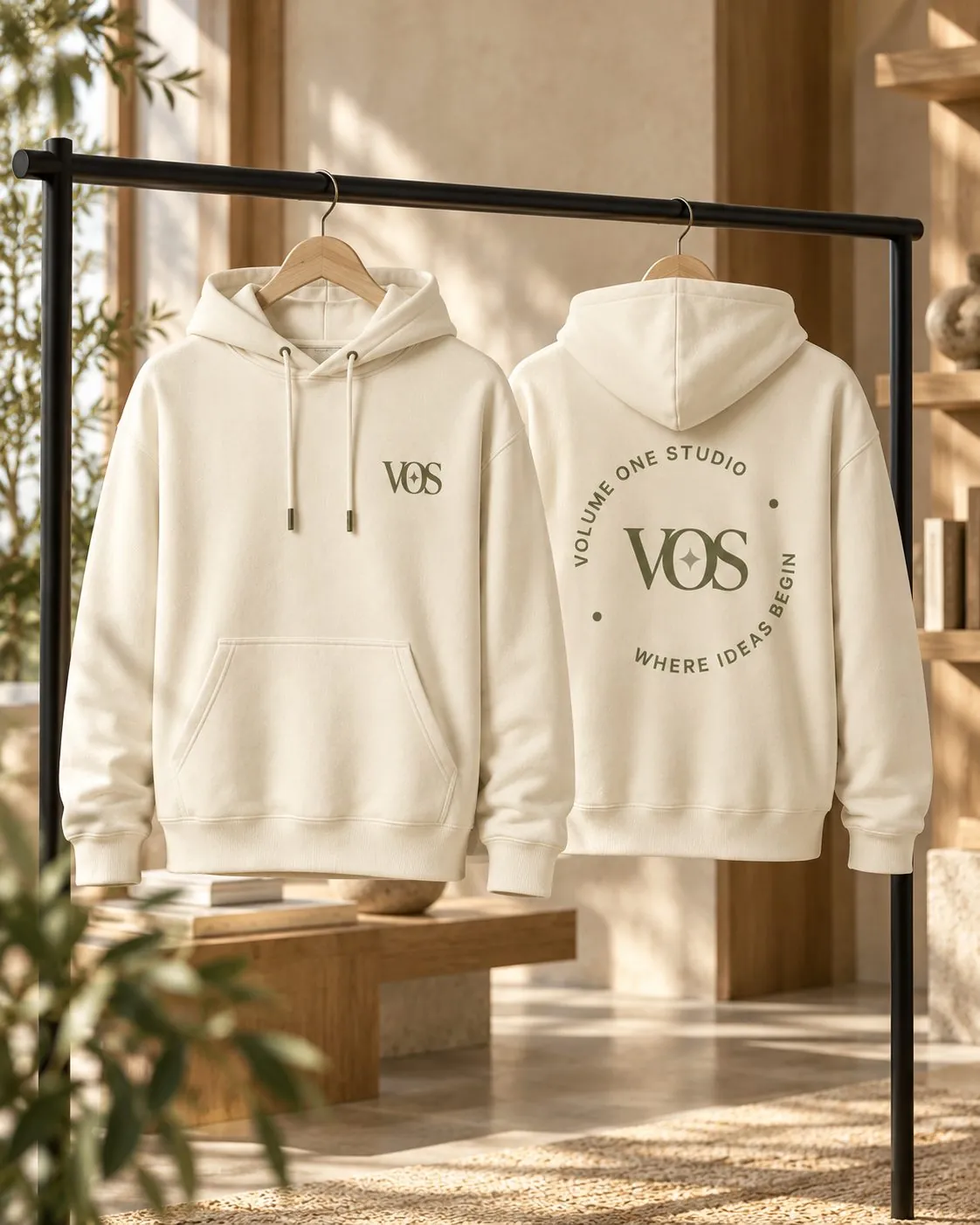 Two cream Volume One Studio hoodies on a rail: VOS on the chest and the round badge on the back.
