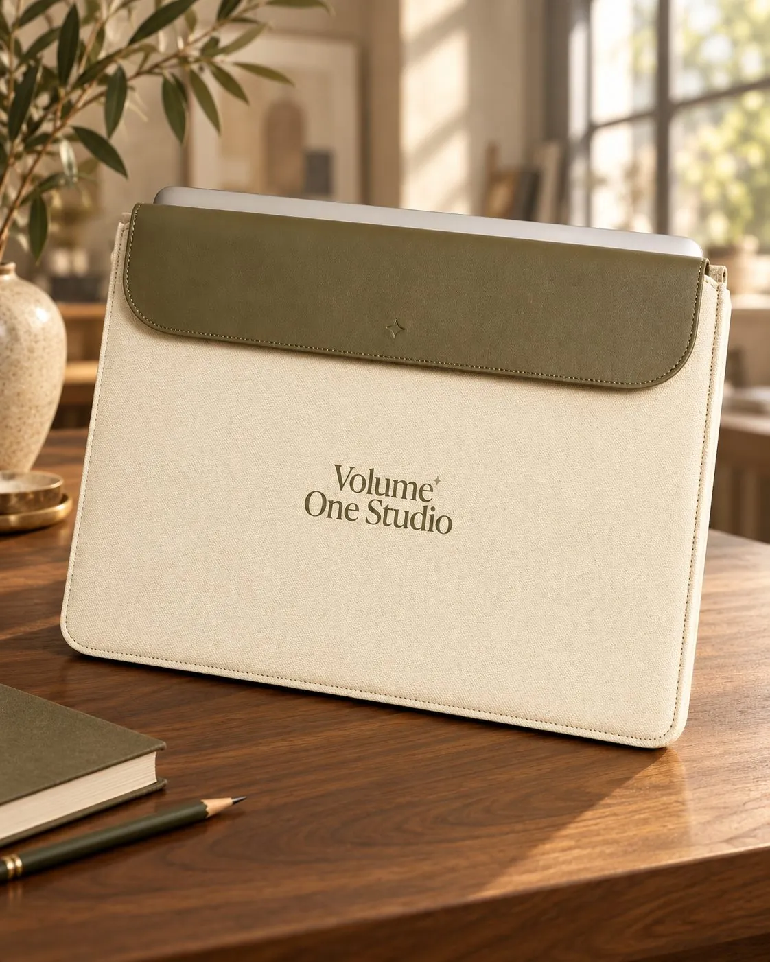 Cream laptop sleeve with an olive flap and the Volume One Studio wordmark, on a wooden desk.