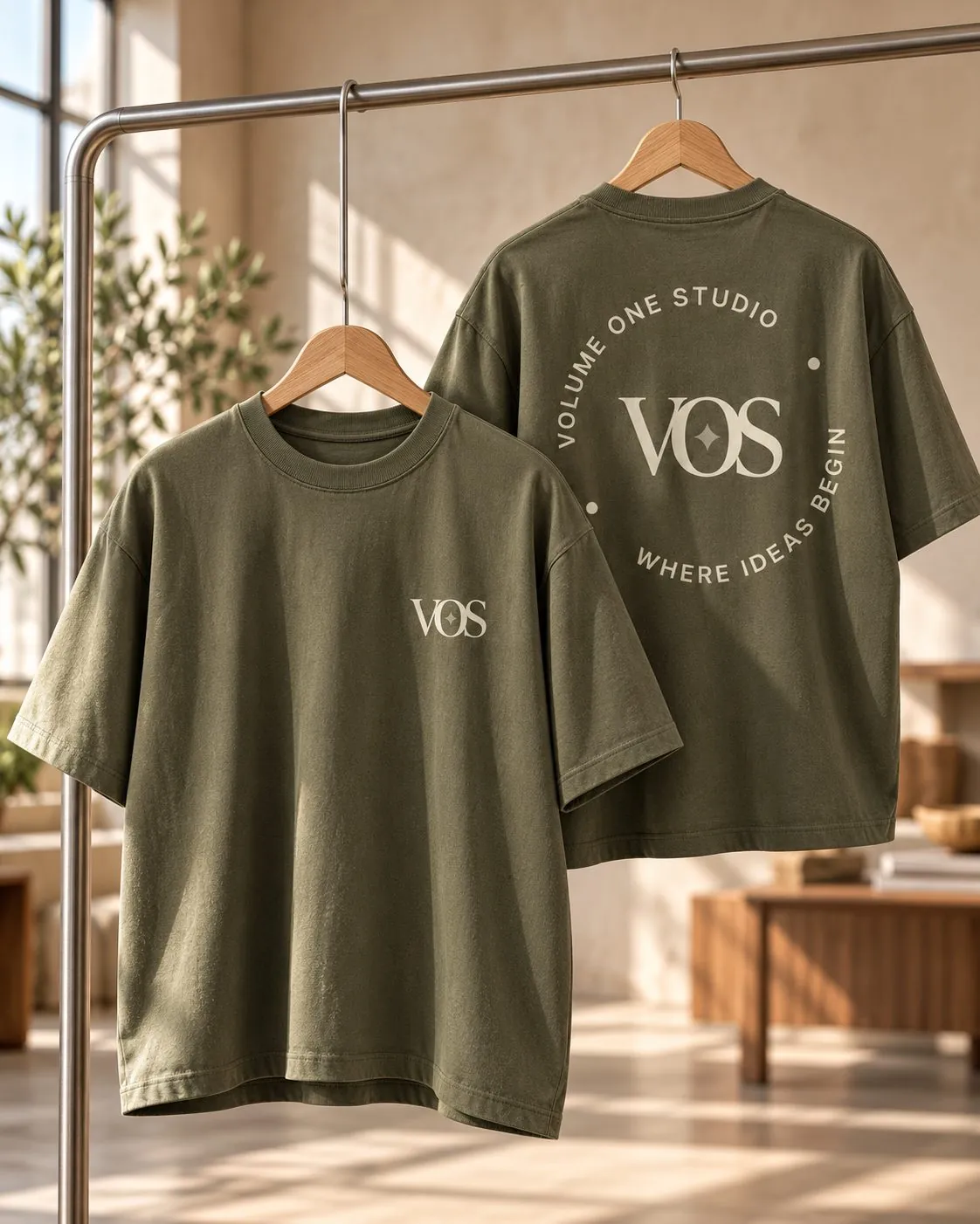 Two olive Volume One Studio tees on a rail: a small VOS on the front and the round badge on the back.