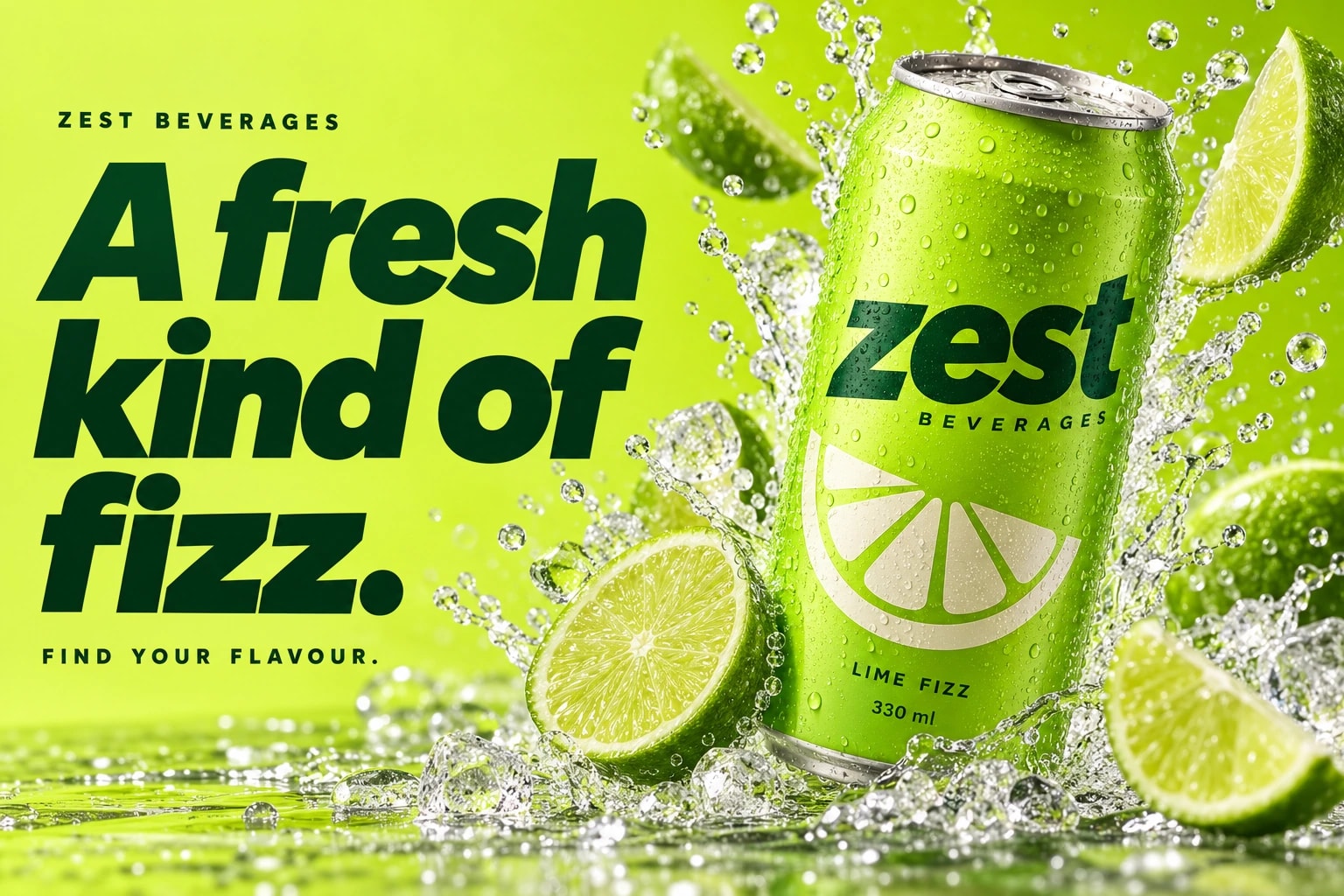 A lime green Zest Beverages poster with the headline “A fresh kind of fizz.” and the line “FIND YOUR FLAVOUR.” beside a Lime Fizz can in a splash.