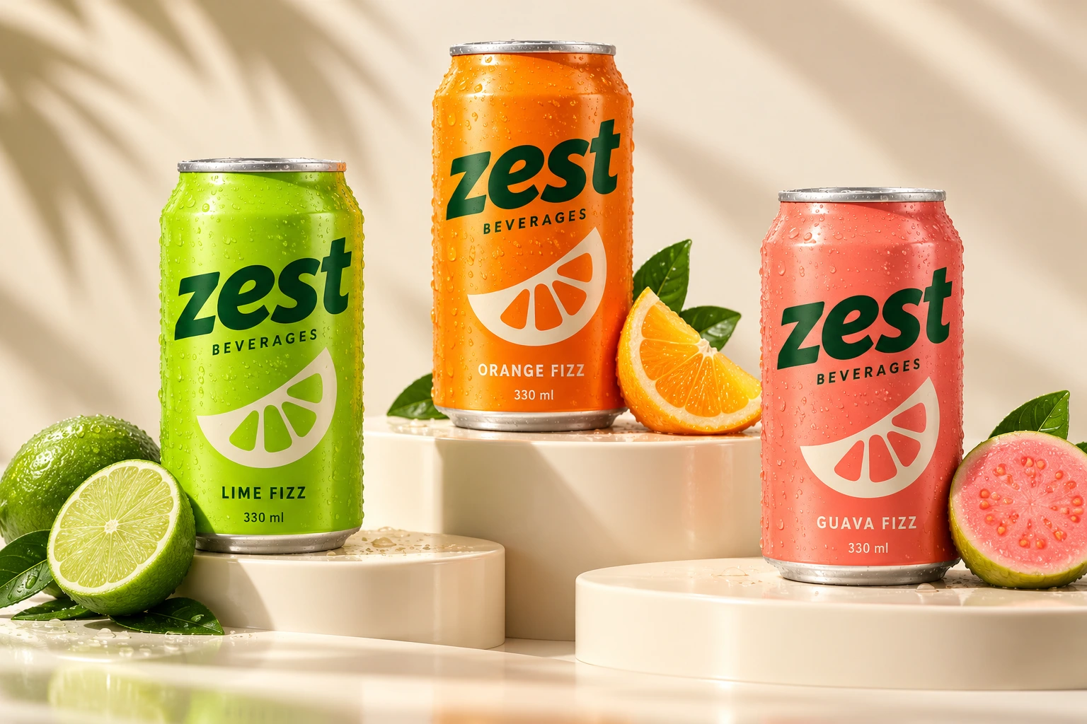 Three Zest Beverages cans, “LIME FIZZ” in green, “ORANGE FIZZ” in orange and “GUAVA FIZZ” in pink, on cream plinths beside cut lime, orange and guava.