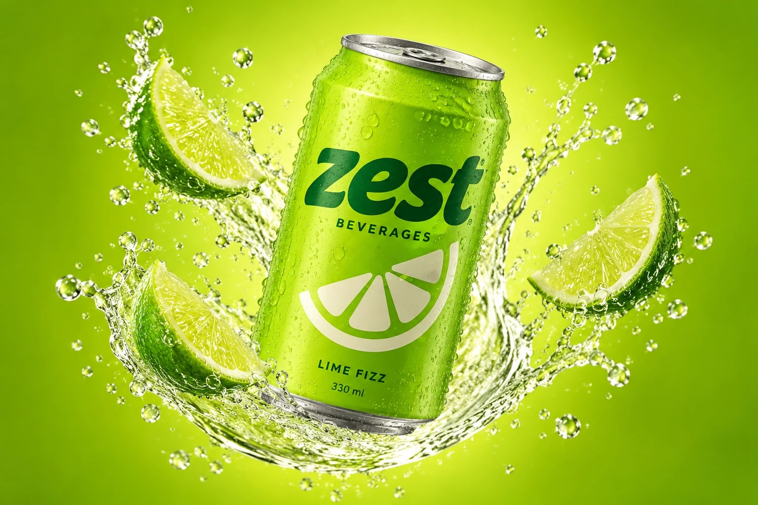 A Zest Beverages Lime Fizz can with a dark green wordmark and a cream lime-slice motif, in a splash of water and lime wedges against bright lime green.