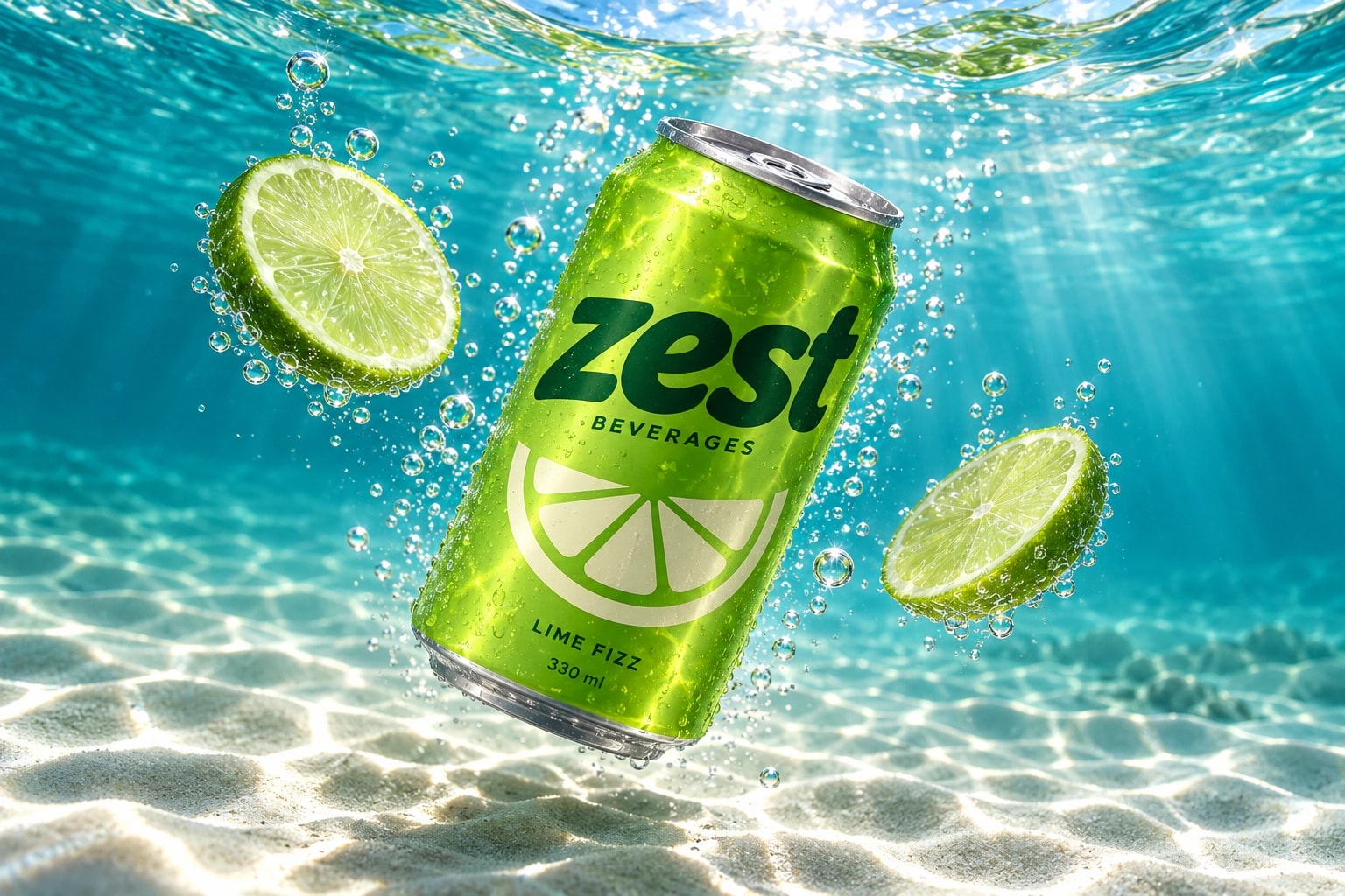 A Zest Lime Fizz can drifting through clear turquoise water with two lime slices and rising bubbles, sunlight rippling over a white sand seabed.