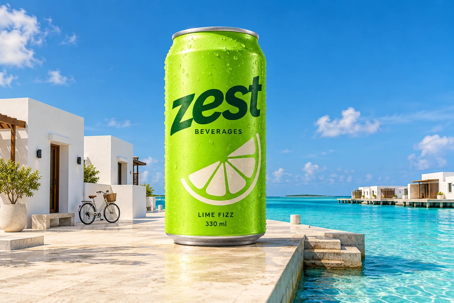 A giant Zest Lime Fizz can on a stone waterfront beside white villas and a bicycle, with a turquoise lagoon and overwater villas behind.