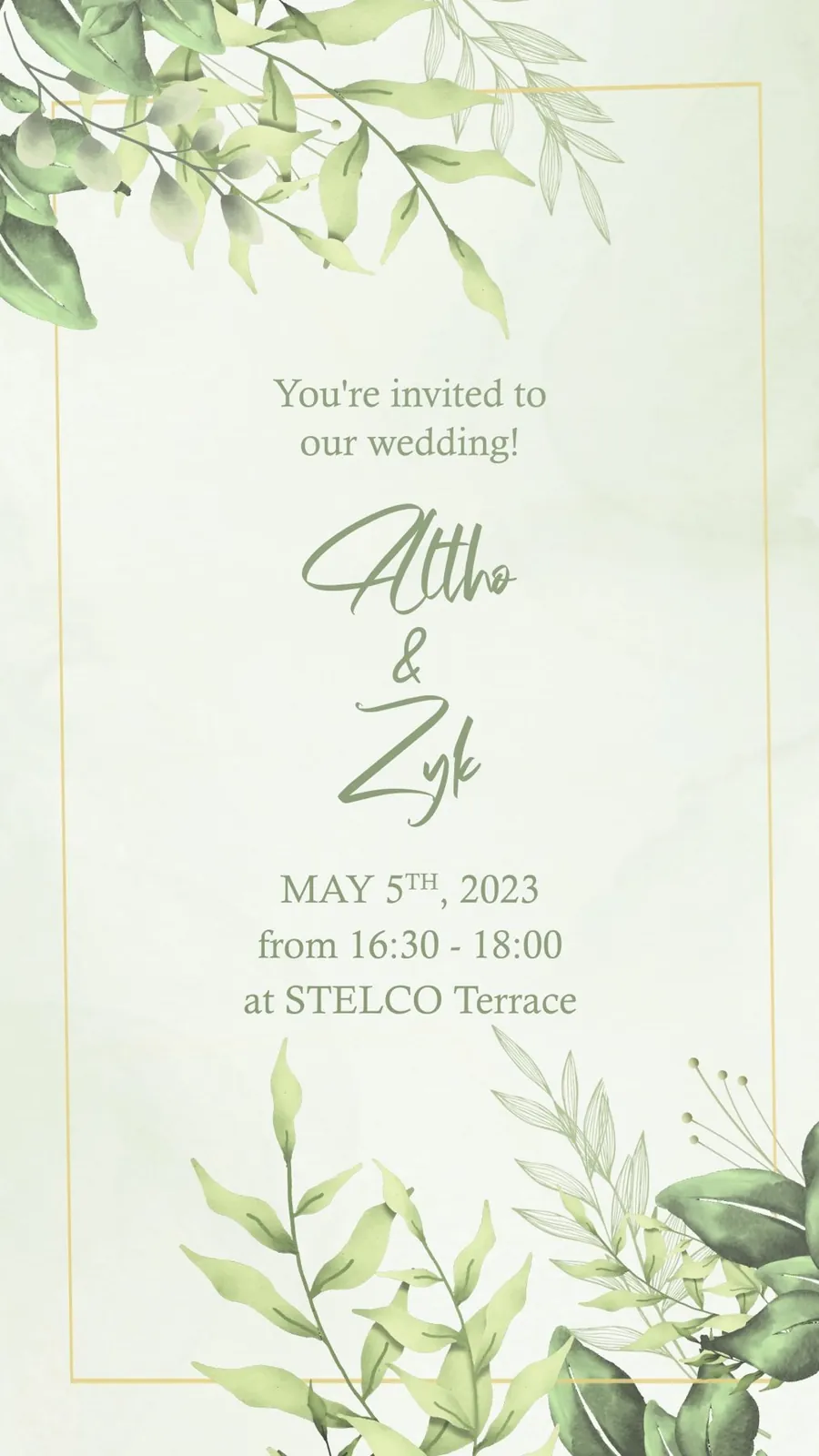 A frame from the animated wedding invitation: the couple’s names in green script inside a gold frame of leaves.