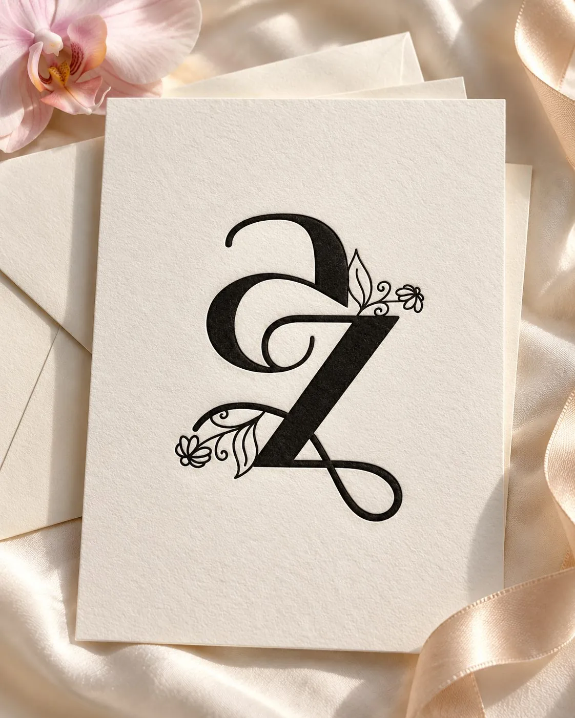 Letterpressed “az” monogram with fine floral sprigs on a cotton card, laid on cream satin with an orchid.
