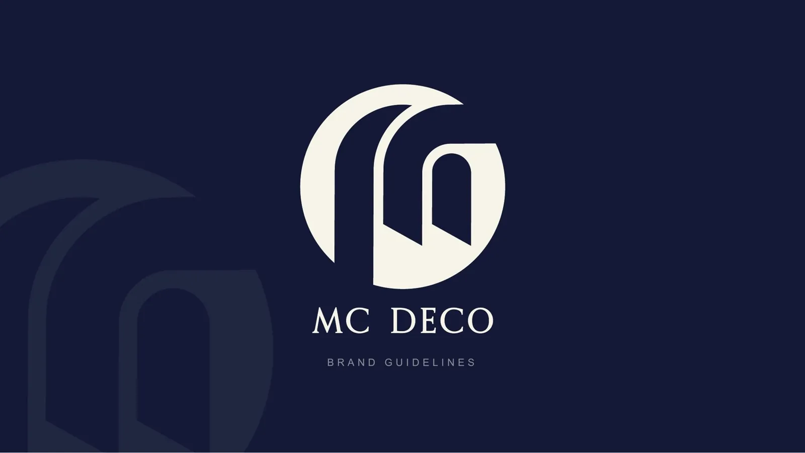 The MC Deco arch monogram and name in cream on navy: the cover of the brand guidelines.