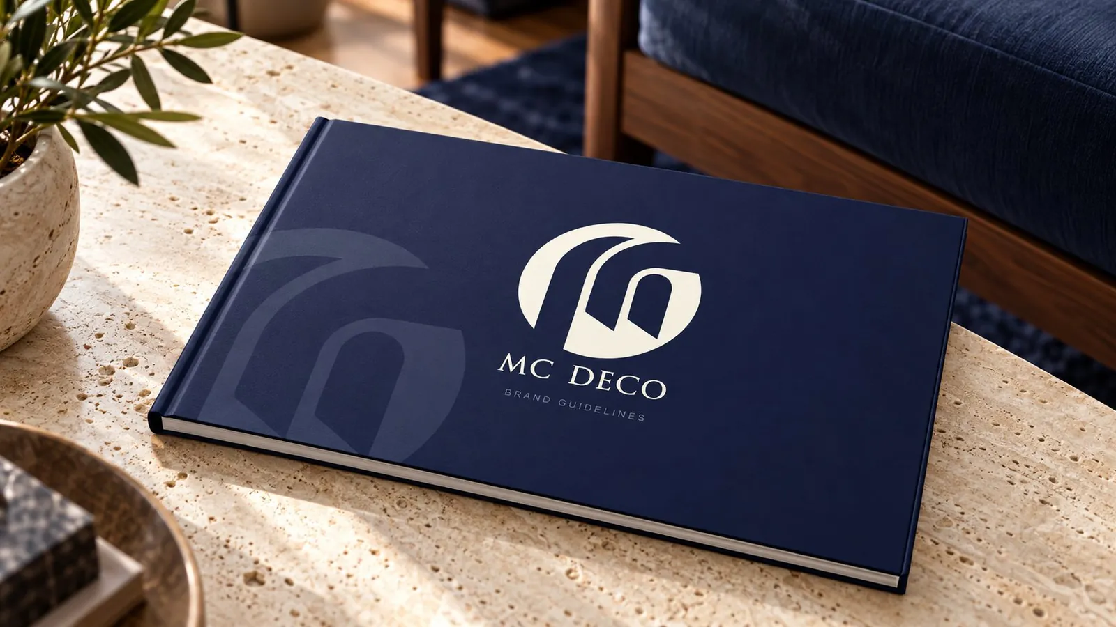 Navy MC Deco brand guidelines book with the arch monogram on the cover, on a travertine table.
