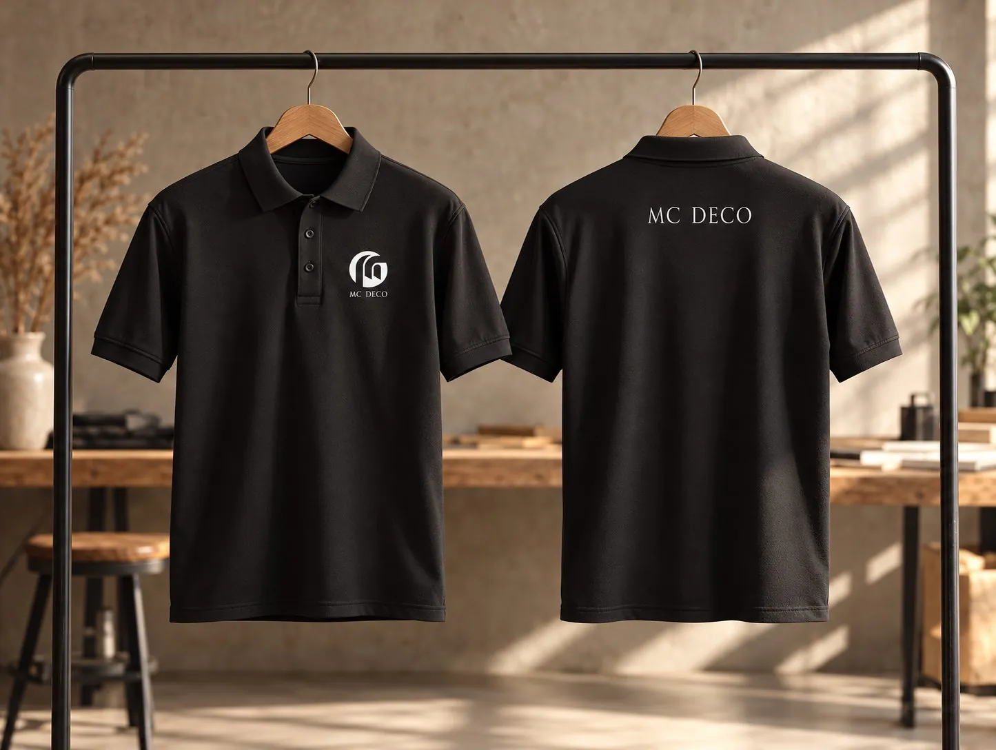 Two black MC Deco crew polos on a clothes rail: the monogram on the chest and the name across the back.