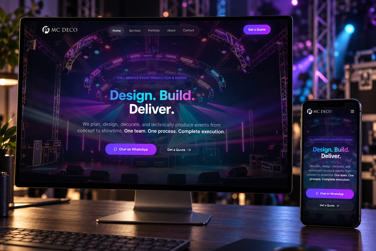 MC Deco website home page, “Design. Build. Deliver.”, on a desktop monitor and a phone, with a lit event stage behind.