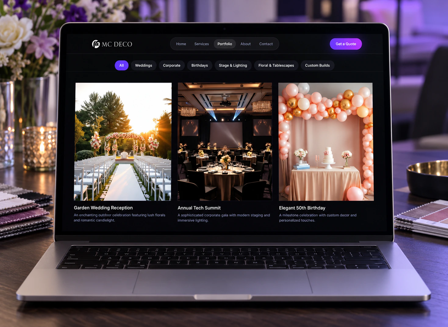 MC Deco website portfolio page with filters and wedding, corporate and birthday events, on a laptop.