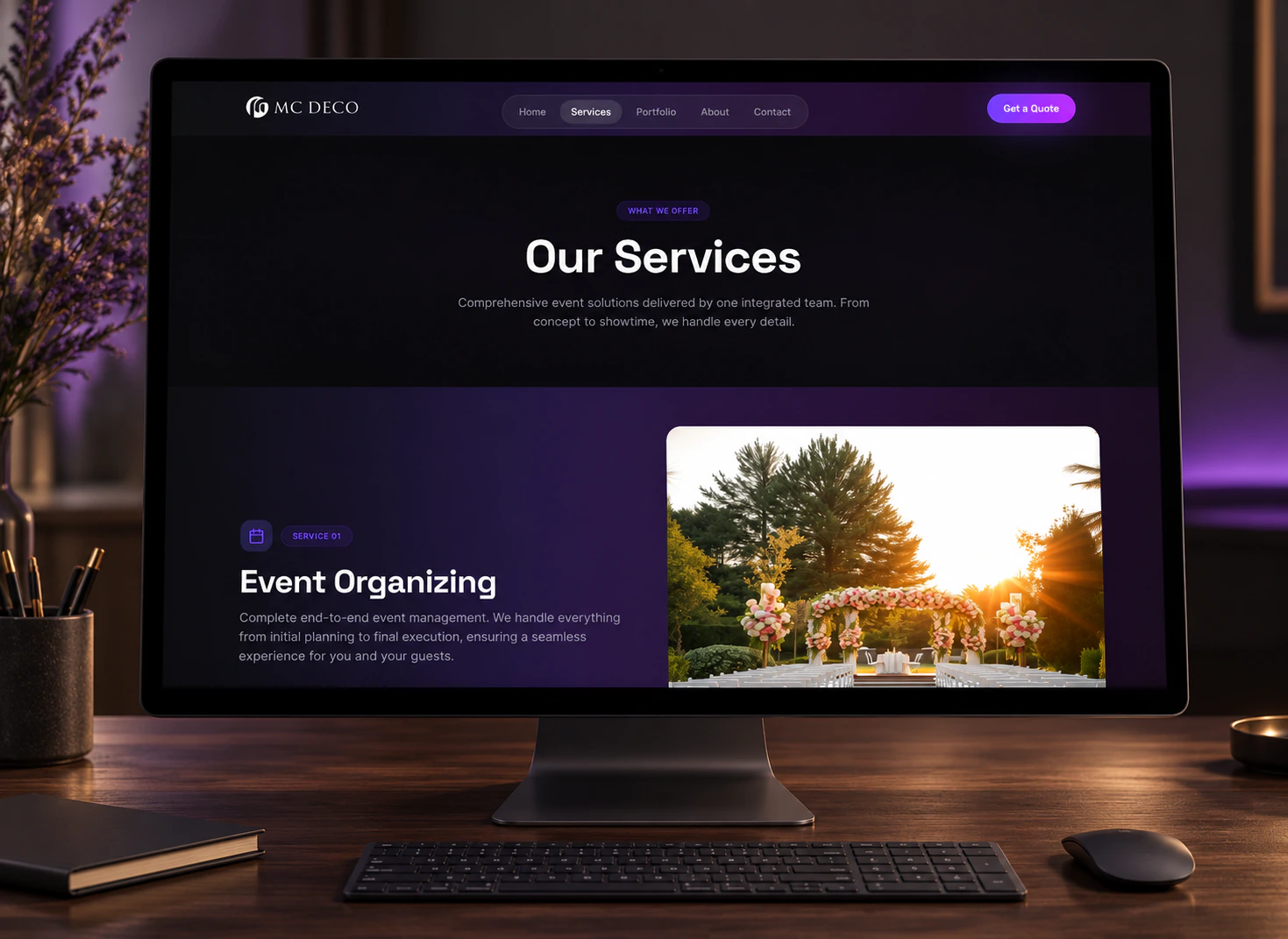 MC Deco website services page, “Our Services”, opening on event organizing, on a desktop monitor.