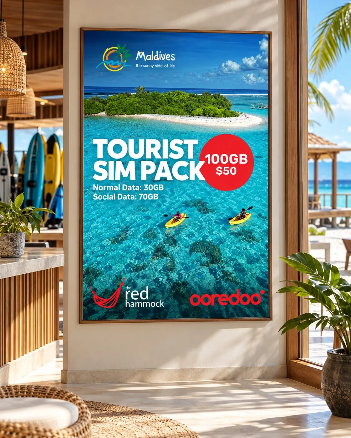 Tourist SIM pack poster offering 100GB for $50 over a lagoon with kayaks, framed by a beach shop doorway.
