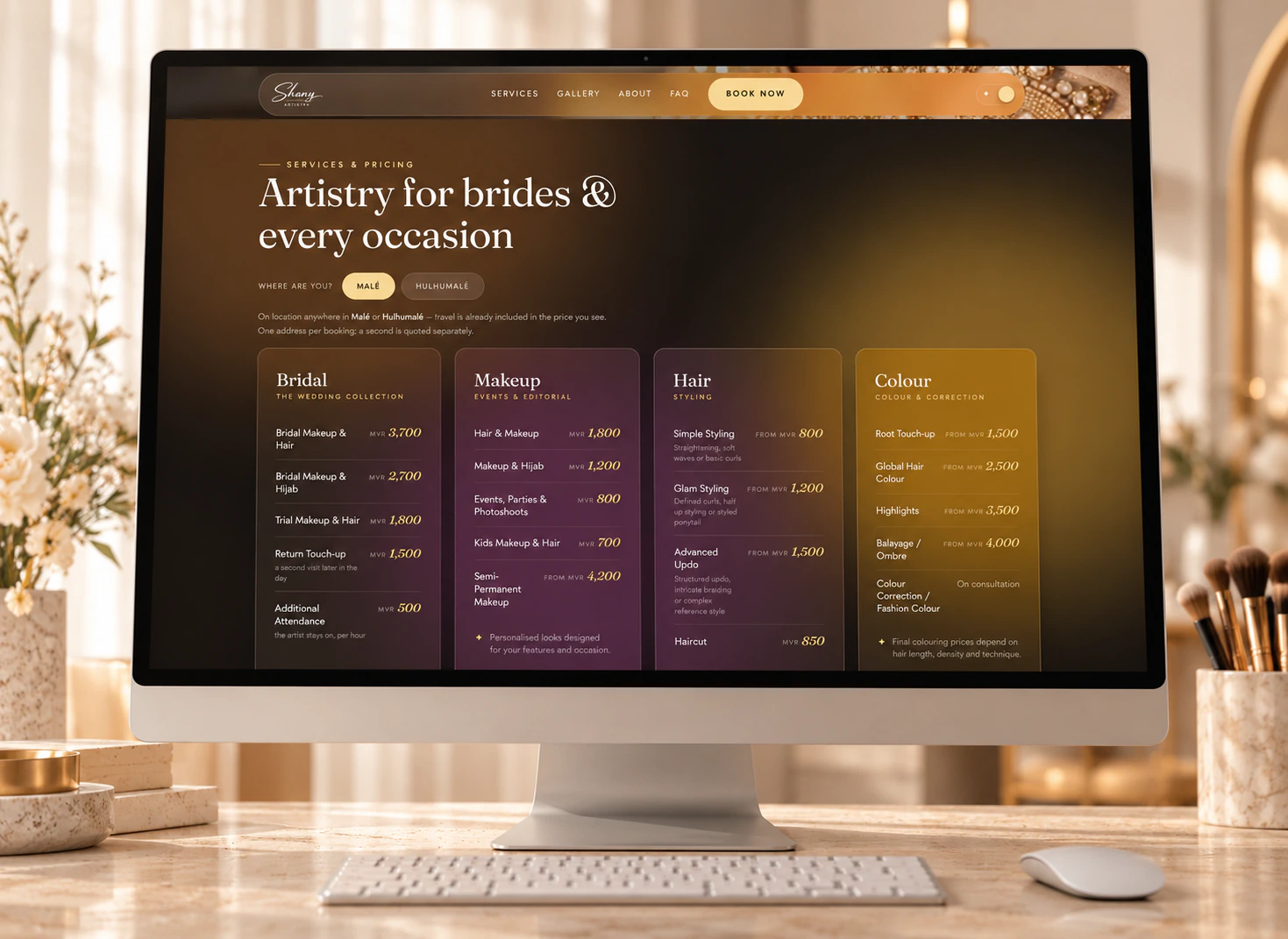 Shany Artistry services and pricing page with bridal, makeup, hair and colour price lists, on a desktop monitor.